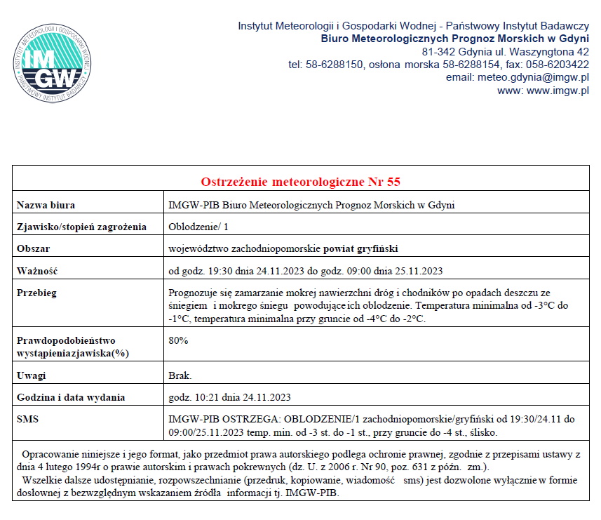 Informacja o ostrzeżeniu meteorologicznym - oblodzenie 