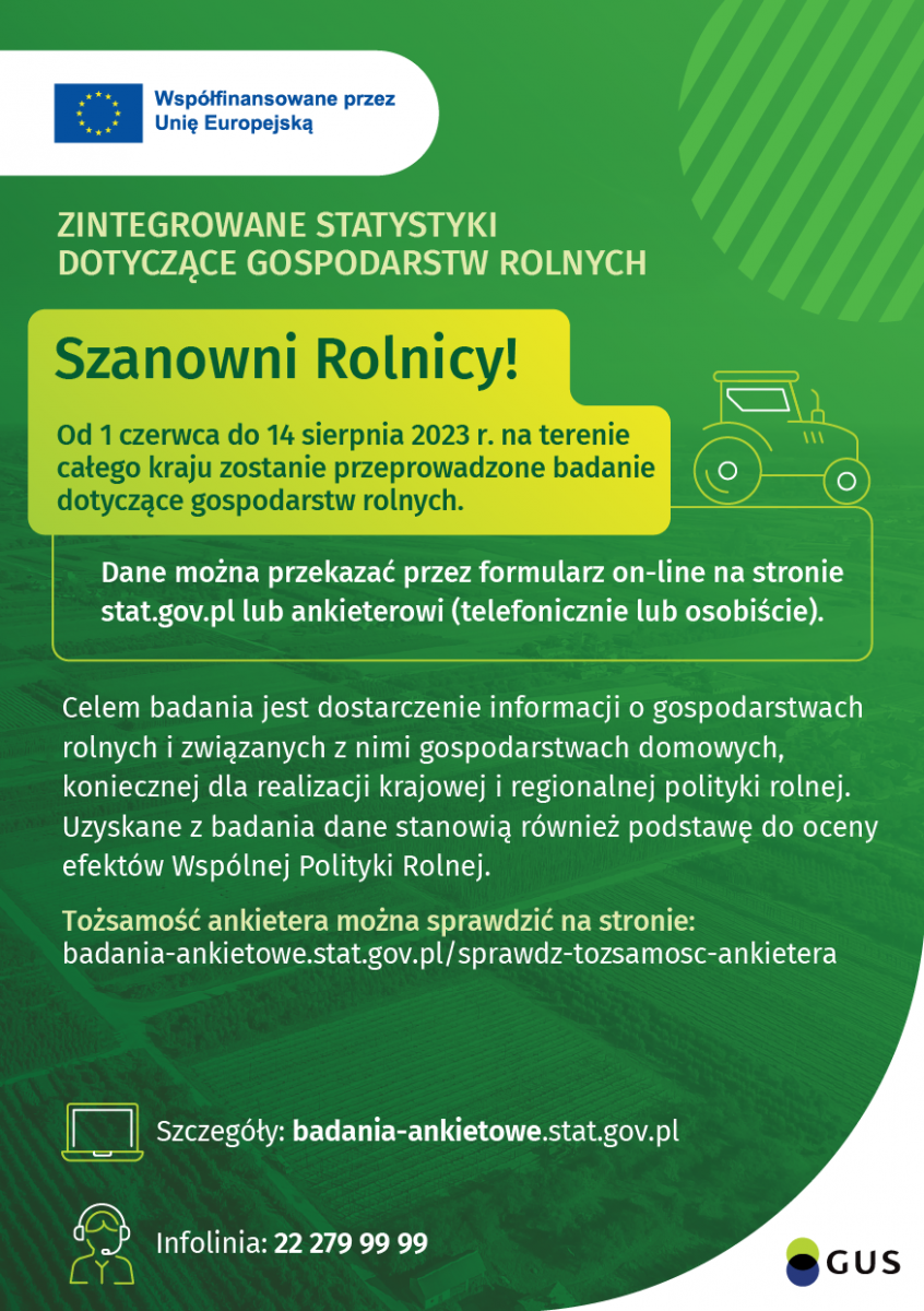 Plakat informacyjny o badaniu gospodarstw rolnych 